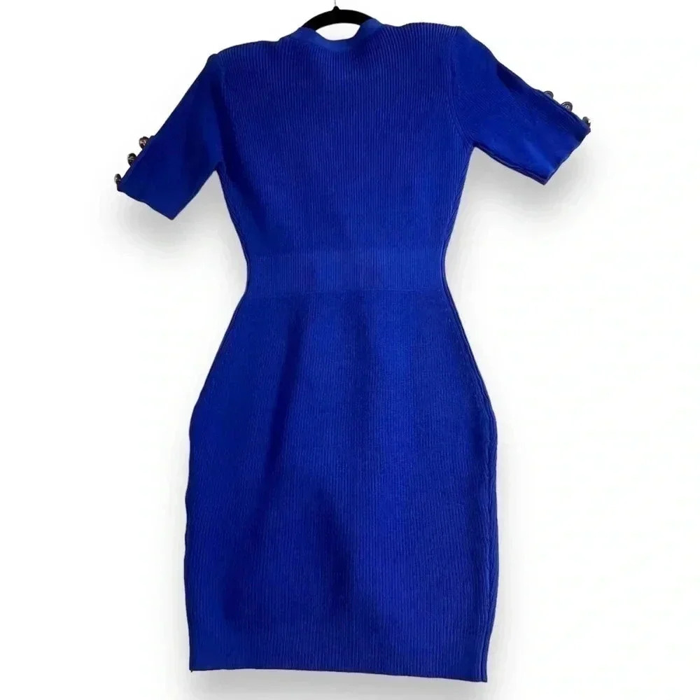 Vanity Couture Marishka Deep V Button Up Knit Dress Royal Blue Gold Buttons - Picture 6 of 14